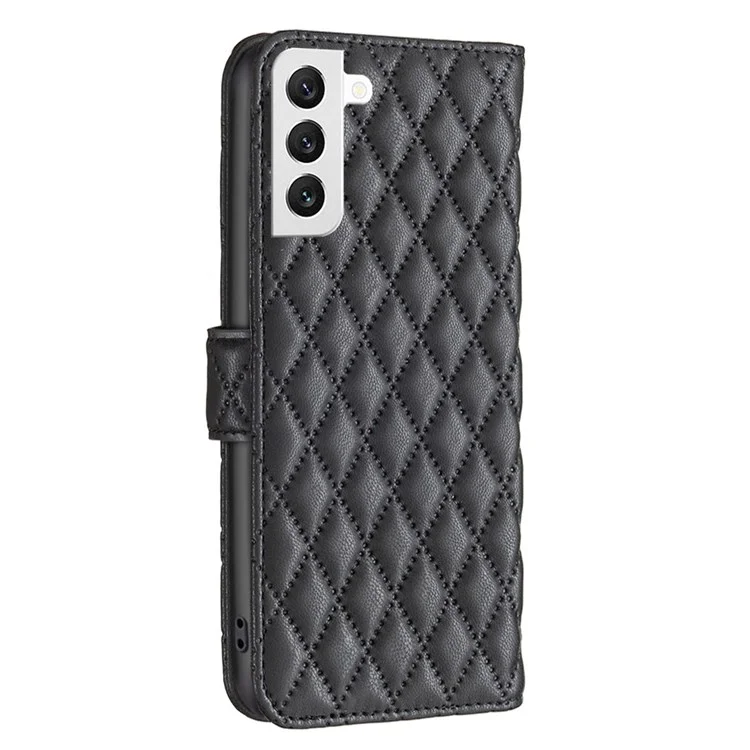 BINFEN COLOR Para Samsung Galaxy S22 5G BF Style-14 Caso com Padrão Rombóide Impresso Flip Stand Capa de Carteira de Couro PU Fosco - Preto