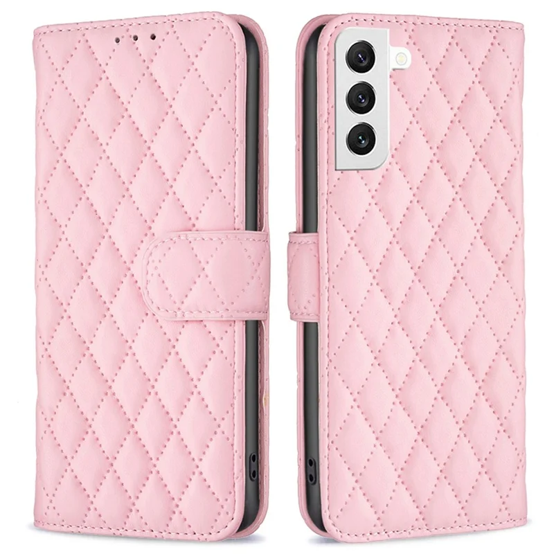 BINFEN COLOR For Samsung Galaxy S22 5G BF Style-14 Imprinted Rhombus Pattern Case Flip Stand Matte PU Leather Wallet Cover - Pink