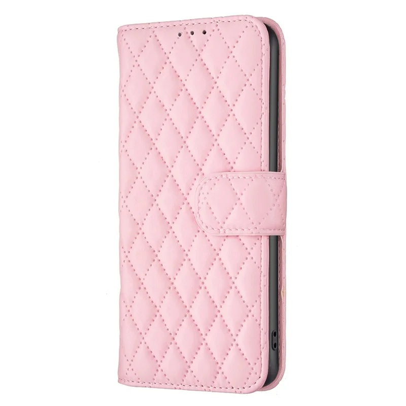 BINFEN COLOR For Samsung Galaxy S22 5G BF Style-14 Imprinted Rhombus Pattern Case Flip Stand Matte PU Leather Wallet Cover - Pink