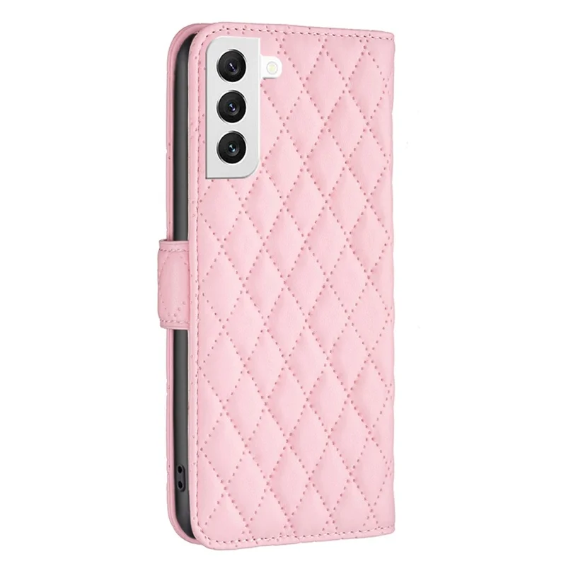BINFEN COLOR For Samsung Galaxy S22 5G BF Style-14 Imprinted Rhombus Pattern Case Flip Stand Matte PU Leather Wallet Cover - Pink
