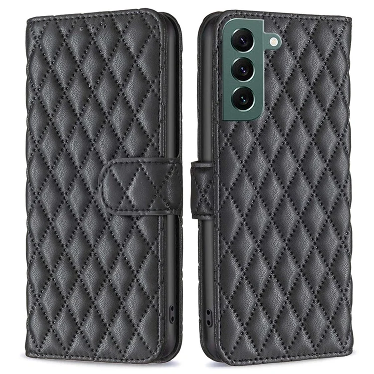 Binfen Farbe Für Samsung Galaxy S22+ 5G BF Style-14 Rhombus Muster Geprägtes Standgehäuse Matte PU Leder Flip Wallet Wallet Cover - Schwarz