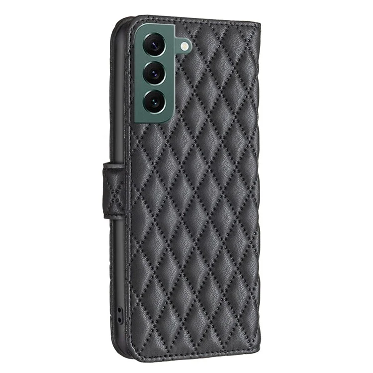 Binfen Farbe Für Samsung Galaxy S22+ 5G BF Style-14 Rhombus Muster Geprägtes Standgehäuse Matte PU Leder Flip Wallet Wallet Cover - Schwarz