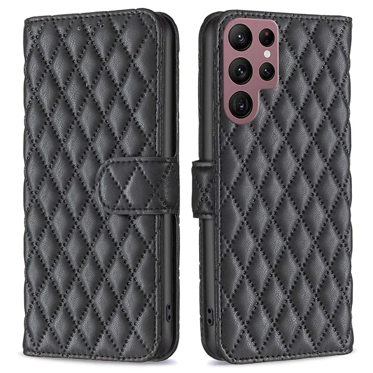 Binfen Color Case de Cuero Matte PU Para Samsung Galaxy S22 Ultra 5G, BF Style-14 Rombus Patrón de Billetera Imprimida de Billetera Bookstyle Magnetic Cover - Negro