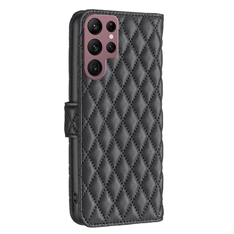 Binfen Color Case de Cuero Matte PU Para Samsung Galaxy S22 Ultra 5G, BF Style-14 Rombus Patrón de Billetera Imprimida de Billetera Bookstyle Magnetic Cover - Negro