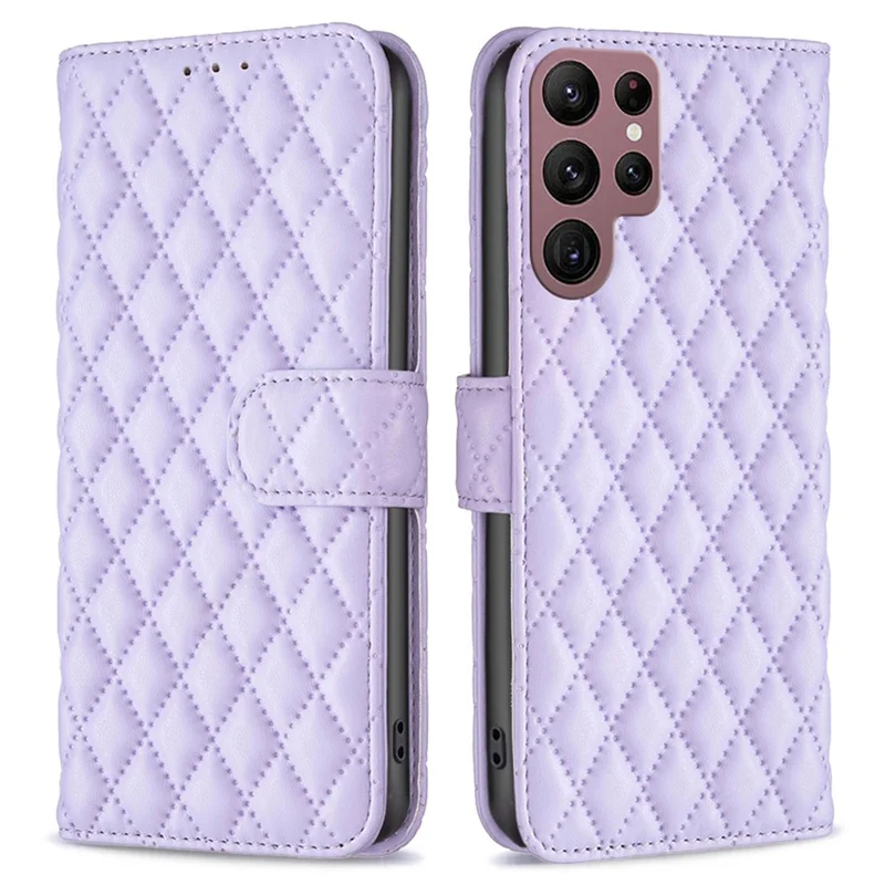 Binfen Color Matte PU Couather Case Para Samsung Galaxy S22 Ultra 5G, BF Style-14 Rhombus Padrão Impresso Stand Stand Livraria - Roxo