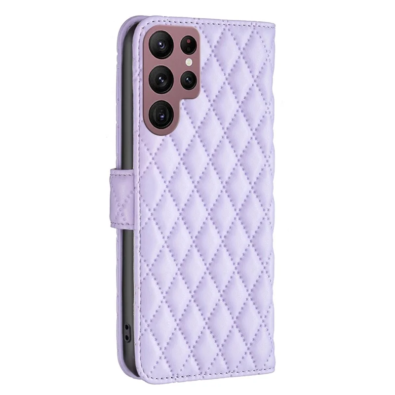Binfen Color Matte PU Couather Case Para Samsung Galaxy S22 Ultra 5G, BF Style-14 Rhombus Padrão Impresso Stand Stand Livraria - Roxo