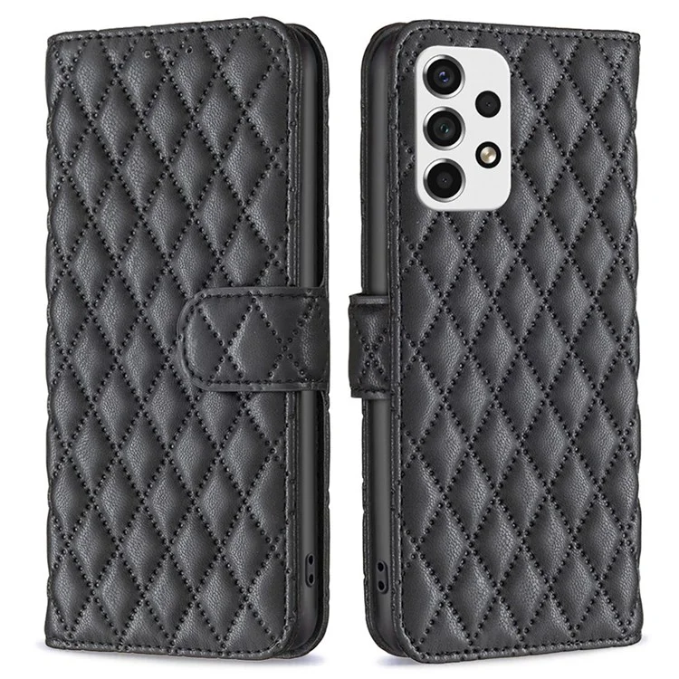 BINFEN COLOR Para Samsung Galaxy A53 5G BF Style-14 Capa com Padrão Romboidal Impresso Resistente a Arranhões Suporte Superficie Fosca Couro PU Carteira Capa - Preto