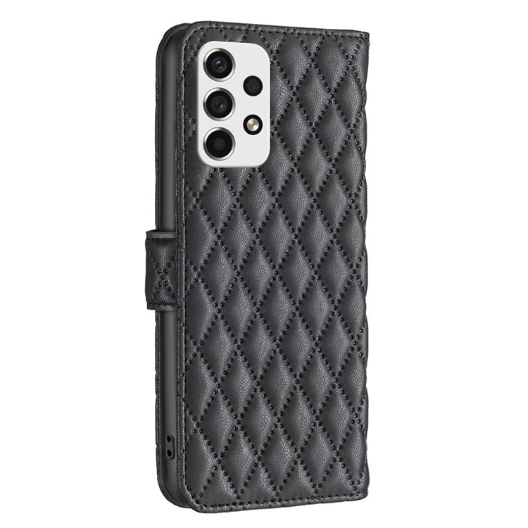 BINFEN COLOR Para Samsung Galaxy A53 5G BF Style-14 Capa com Padrão Romboidal Impresso Resistente a Arranhões Suporte Superficie Fosca Couro PU Carteira Capa - Preto