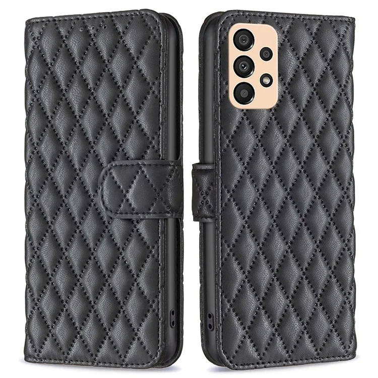 Color Binfen Para Samsung Galaxy A33 5G BF Estilo-14 Patrón de Rombo Impreso Case de Broche Magnético Matte PU Cubierta de Billetera de Cuero - Negro