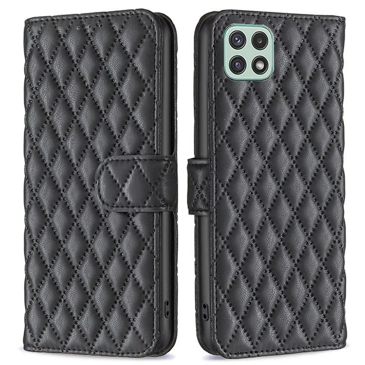 Couleur Binfen Pour Samsung Galaxy A22 5G (version Européenne) BF Style-14 Rhombus Imprested Hoper Protection Gollage Protection Stand Matte PU Couverture Courtlet de Cuir - le Noir