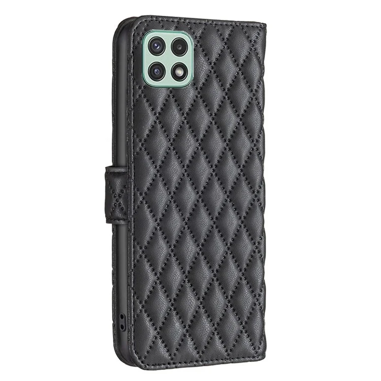 Couleur Binfen Pour Samsung Galaxy A22 5G (version Européenne) BF Style-14 Rhombus Imprested Hoper Protection Gollage Protection Stand Matte PU Couverture Courtlet de Cuir - le Noir