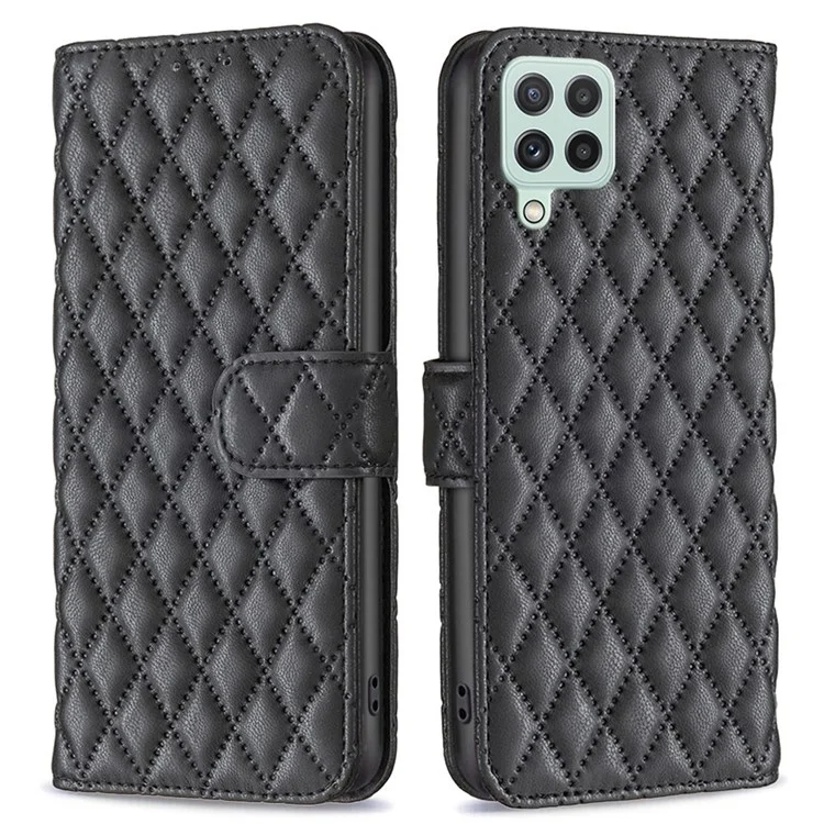 Binfenfarbe Für Samsung Galaxy A22 4G (eu-version) BF Style-14 Imprinzipiertes Rhombus-muster Hülle Freisprechmatte PU Leder Brieftasche Cover - Schwarz