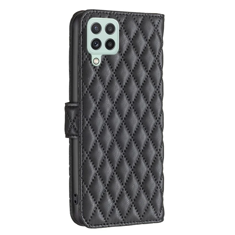 Binfenfarbe Für Samsung Galaxy A22 4G (eu-version) BF Style-14 Imprinzipiertes Rhombus-muster Hülle Freisprechmatte PU Leder Brieftasche Cover - Schwarz