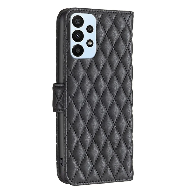 Cor do Binfen Para o Samsung Galaxy A23 4G (165,4 x 76,9 x 8,4 Mm) / A23 5G BF Style-14 Rhombus Padrão de Rhombus Proteção Full Stand Matte PU Couro Capinha de Couro - Preto