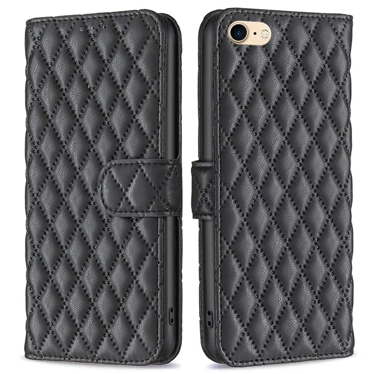 BINFEN COLOR para iPhone 7 / 8 / SE (2020) / SE (2022) BF Style-14 Capa carteira de couro sintético com padrão de rombo gravado Suporte horizontal Acabamento matte - Preto