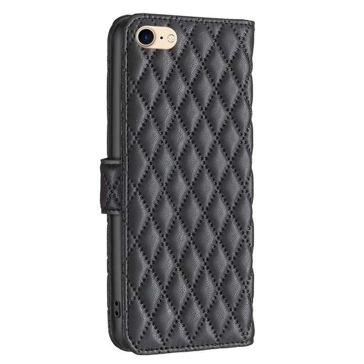 BINFEN COLOR para iPhone 7 / 8 / SE (2020) / SE (2022) BF Style-14 Capa carteira de couro sintético com padrão de rombo gravado Suporte horizontal Acabamento matte - Preto