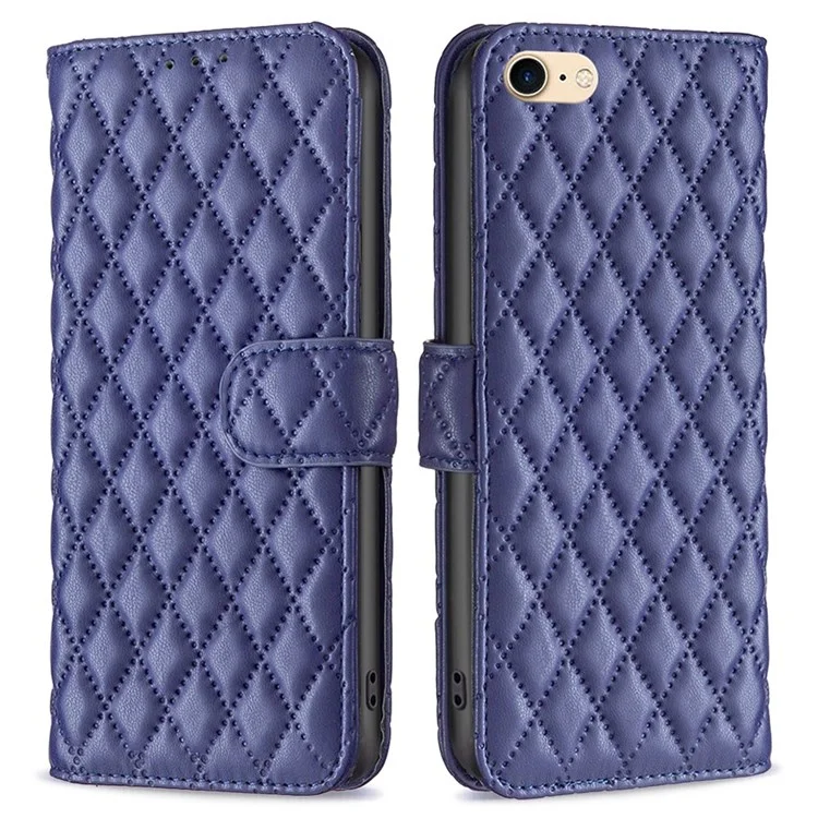 BINFEN COLOR Para iPhone 7 / 8 / SE (2020) / SE (2022) BF Style-14 Funda con Patrón de Rombos Grabado Horizontal Stand Funda de Cartera de Piel Sintética Mate - Azul