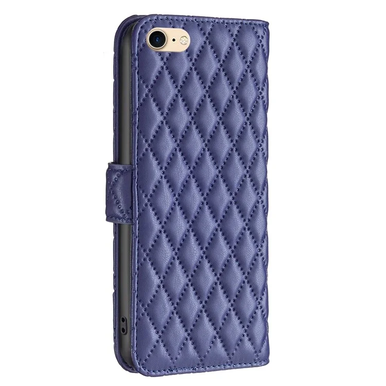 BINFEN COLOR Para iPhone 7 / 8 / SE (2020) / SE (2022) BF Style-14 Funda con Patrón de Rombos Grabado Horizontal Stand Funda de Cartera de Piel Sintética Mate - Azul
