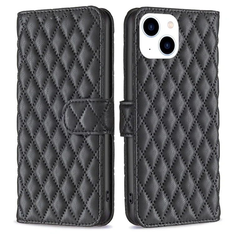 BINFEN COLOR For iPhone 14 6.1 inch BF Style-14 Matte PU Leather Imprinted Rhombus Pattern Case Stand Wallet Cover - Black