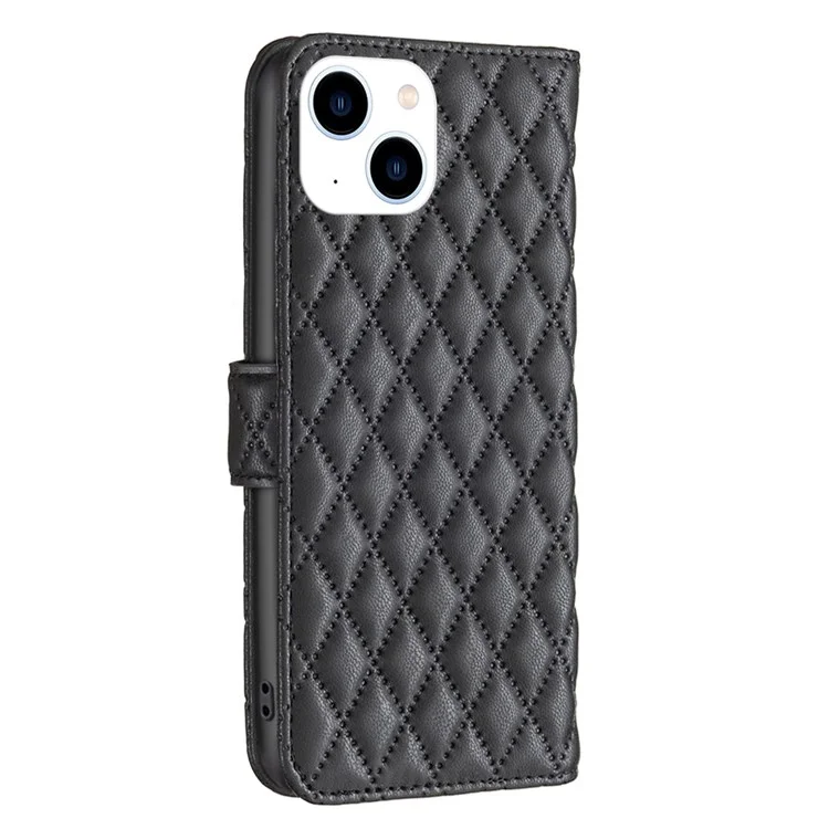 BINFEN COLOR For iPhone 14 6.1 inch BF Style-14 Matte PU Leather Imprinted Rhombus Pattern Case Stand Wallet Cover - Black