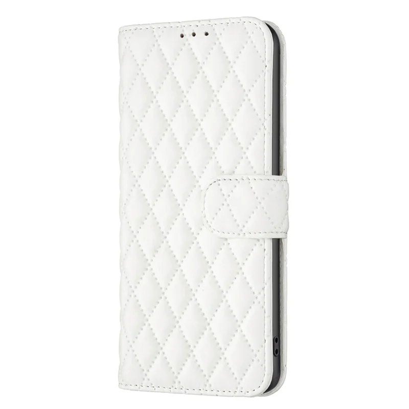 BINFEN COLOR For iPhone 14 Plus 6.7 inch BF Style-14 Matte PU Leather Imprinted Rhombus Pattern Case Adjustable Stand Wallet Cover - White