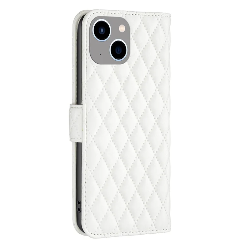 BINFEN COLOR For iPhone 14 Plus 6.7 inch BF Style-14 Matte PU Leather Imprinted Rhombus Pattern Case Adjustable Stand Wallet Cover - White