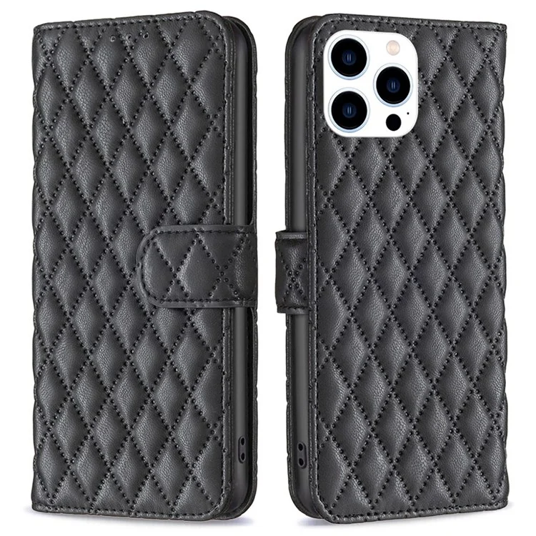 Couleur Binfen Pour Iphone 14 Pro 6.1 Pouces BF Style-14 Matte en Cuir Mat pu Imprimé Motif de Losange Entièrement Emballé Couvercle de Portefeuille de Boîtier - le Noir