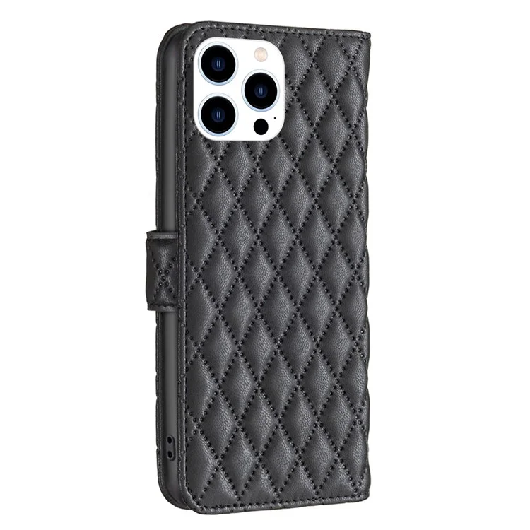 Couleur Binfen Pour Iphone 14 Pro 6.1 Pouces BF Style-14 Matte en Cuir Mat pu Imprimé Motif de Losange Entièrement Emballé Couvercle de Portefeuille de Boîtier - le Noir