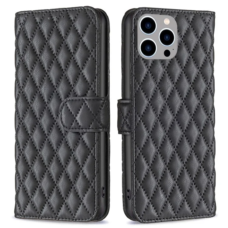 BINFEN COLOR Pour iPhone 14 Pro Max 6,7 pouces BF Style-14 Étui en cuir PU mélangé à motif de losange Imprimer Support de portefeuille Housse de protection pour téléphone portable - Noir