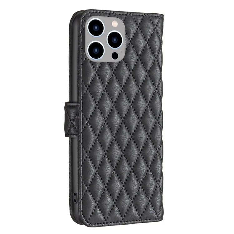 BINFEN COLOR Pour iPhone 14 Pro Max 6,7 pouces BF Style-14 Étui en cuir PU mélangé à motif de losange Imprimer Support de portefeuille Housse de protection pour téléphone portable - Noir