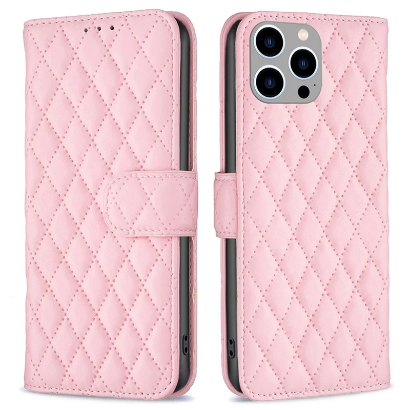 BINFEN COLOR Para iPhone 14 Pro Max 6.7 polegadas Estilo BF-14 Case de Couro PU Matte Impresso com Padrão Rômbico, Carteira, Proteção para Celular - Rosa