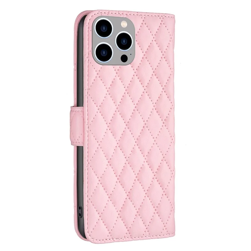 BINFEN COLOR Para iPhone 14 Pro Max 6.7 polegadas Estilo BF-14 Case de Couro PU Matte Impresso com Padrão Rômbico, Carteira, Proteção para Celular - Rosa