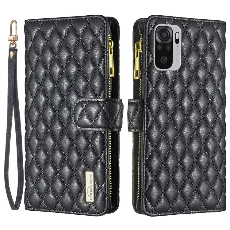 Color Binfen Para Xiaomi Redmi Note 10 4G / Nota 10S BF Style-15 Smart Phone Impresión de Rombo Case de Rombo Con Parada de Bolsillo Con Cremallera Soporte de Cuero Matte PU Cubierta de Billetera de Cuero - Negro