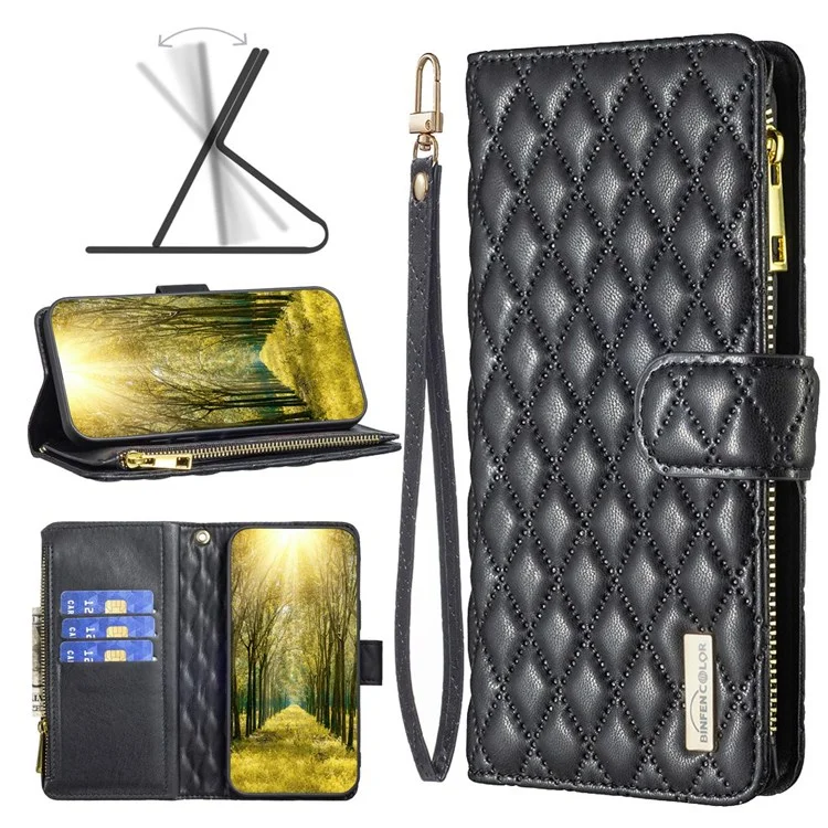 Couleur Binfen Pour Xiaomi Redmi Note 10 4G / Remarque 10s BF Style-15 Smart Phone Imprimé de Motif de Losange Imprimé Avec Couverture de Portefeuille en Cuir pu en Cuir Mat à Fermeture Éclair - le Noir