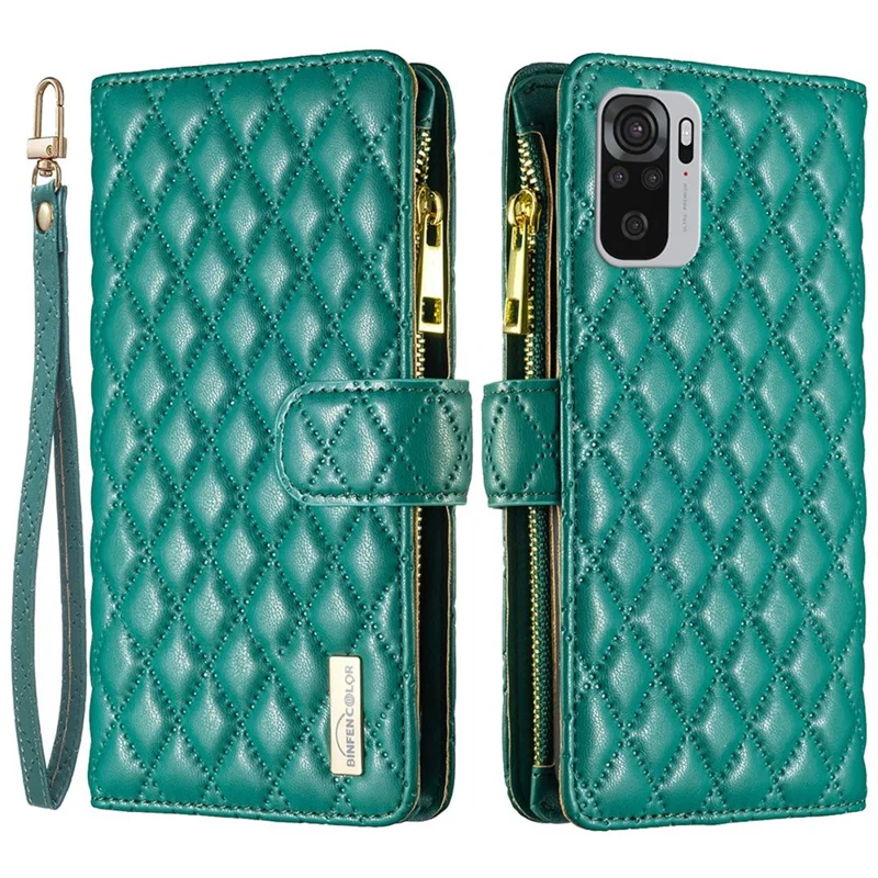 BINFEN COLOR for Xiaomi Poco M5s 4G / Redmi Note 10 4G / Redmi Note 10S 4G BF Style-15 Smart Phone Imprinted Rhombus Pattern Case with Zipper Pocket Bump Proof Stand Matte PU Leather Wallet Cover - Green