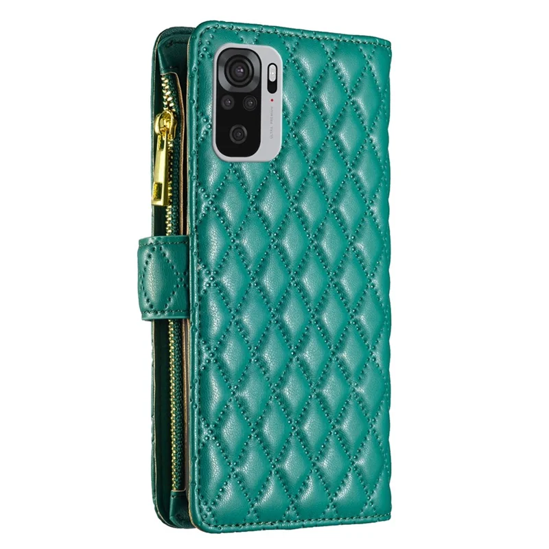 BINFEN COLOR for Xiaomi Poco M5s 4G / Redmi Note 10 4G / Redmi Note 10S 4G BF Style-15 Smart Phone Imprinted Rhombus Pattern Case with Zipper Pocket Bump Proof Stand Matte PU Leather Wallet Cover - Green