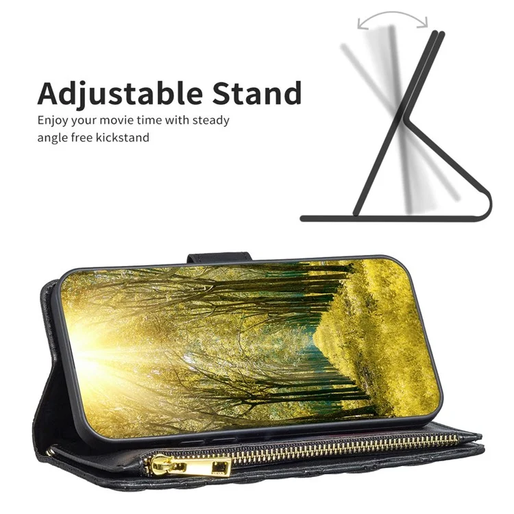 Binfen Color bf Style-15 Shell de Teléfono Celular Para Xiaomi Mi 11 Lite 4G / 5G / 11 Lite 5G NE, Estuche de Folio de Patrón de Rombo Impreso Con Soporte de Bolsillo Con Cremallera Cubierta de Cuero de Cuero Mate - Negro