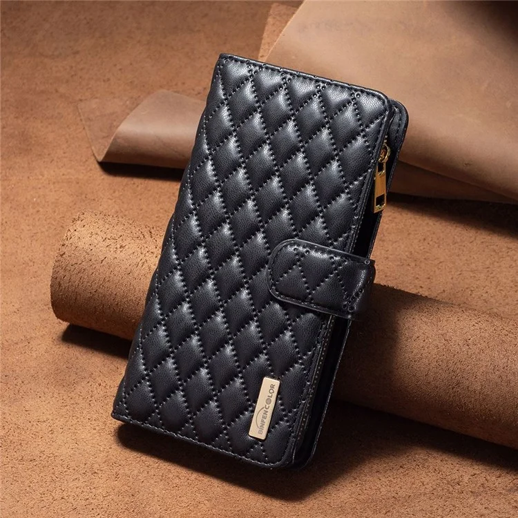 Binfen Color BF Style-15 Cellphone Shell Per Xiaomi Mi 11 Lite 4G / 5G / 11 Lite 5G NE, Custodia Per Flip di Folio Con Mobilità Rombo Impressa Con Copertina Del Portafoglio in Pelle Opaca Con Cerniera - Nero