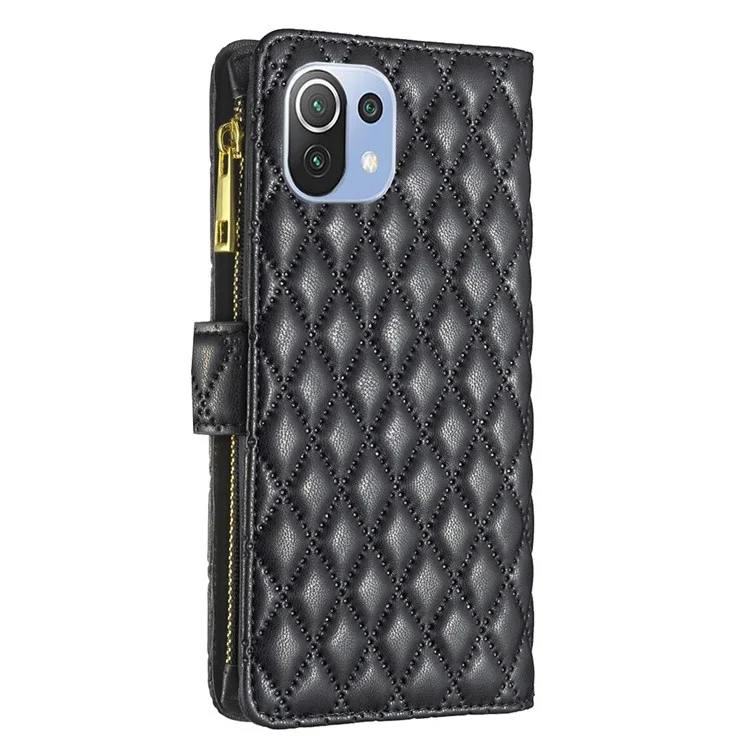 BINFEN COLOR BF Style-15 Cellphone Shell for Xiaomi Mi 11 Lite 4G / 5G / 11 Lite 5G NE, Imprinted Rhombus Pattern Folio Flip Case with Zipper Pocket Stand Matte PU Leather Wallet Cover - Black