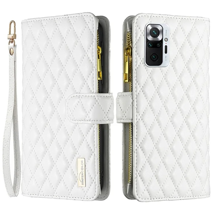 BINFEN COLOR for Xiaomi Redmi Note 10 Pro 4G (Global) / (India) / Note 10 Pro Max 4G BF Style-15 Smart Phone Imprinted Rhombus Pattern Case with Zipper Pocket Stand Matte PU Leather Wallet Cover - White