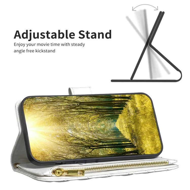 BINFEN COLOR for Xiaomi Redmi Note 10 Pro 4G (Global) / (India) / Note 10 Pro Max 4G BF Style-15 Smart Phone Imprinted Rhombus Pattern Case with Zipper Pocket Stand Matte PU Leather Wallet Cover - White