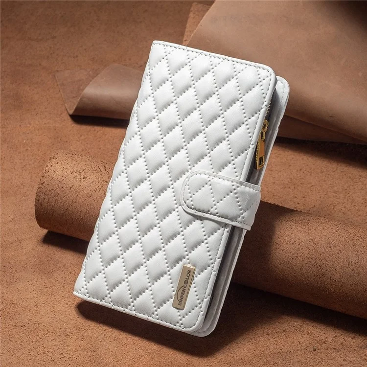 BINFEN COLOR for Xiaomi Redmi Note 10 Pro 4G (Global) / (India) / Note 10 Pro Max 4G BF Style-15 Smart Phone Imprinted Rhombus Pattern Case with Zipper Pocket Stand Matte PU Leather Wallet Cover - White