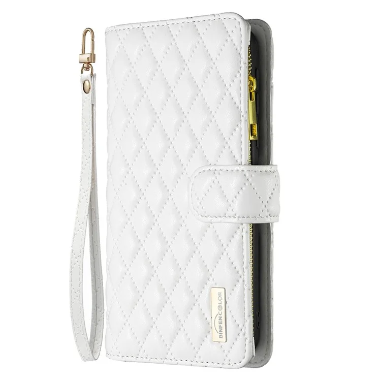 BINFEN COLOR for Xiaomi Redmi Note 10 Pro 4G (Global) / (India) / Note 10 Pro Max 4G BF Style-15 Smart Phone Imprinted Rhombus Pattern Case with Zipper Pocket Stand Matte PU Leather Wallet Cover - White