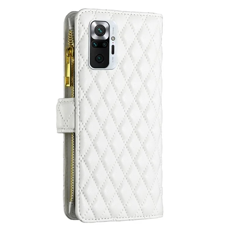 BINFEN COLOR for Xiaomi Redmi Note 10 Pro 4G (Global) / (India) / Note 10 Pro Max 4G BF Style-15 Smart Phone Imprinted Rhombus Pattern Case with Zipper Pocket Stand Matte PU Leather Wallet Cover - White