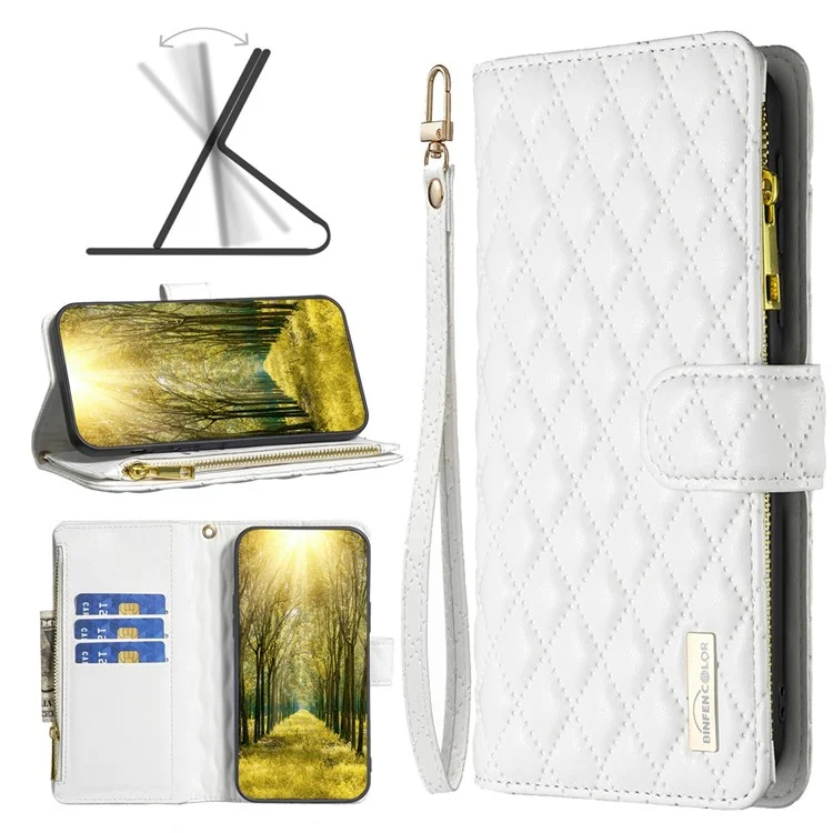 BINFEN COLOR for Xiaomi Redmi Note 10 Pro 4G (Global) / (India) / Note 10 Pro Max 4G BF Style-15 Smart Phone Imprinted Rhombus Pattern Case with Zipper Pocket Stand Matte PU Leather Wallet Cover - White