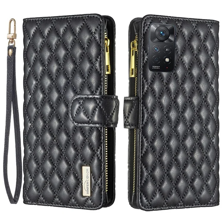 Color Binfen Para Xiaomi Redmi 11 Pro 4G (MediaTek) / Nota 11 Pro 5G (Qualcomm) BF Style-15 Diseño de Bolsillo de la Cremallera Patrón de Rombo Impreso Matte PU Cuero Estuche Anti-scratch Con Billetera de Soporte - Negro