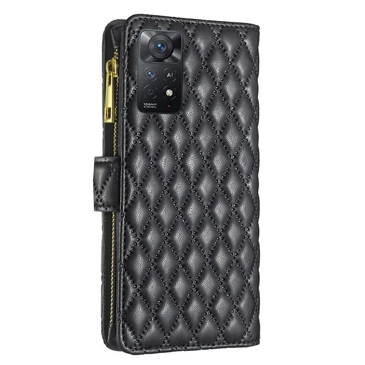 Color Binfen Para Xiaomi Redmi 11 Pro 4G (MediaTek) / Nota 11 Pro 5G (Qualcomm) BF Style-15 Diseño de Bolsillo de la Cremallera Patrón de Rombo Impreso Matte PU Cuero Estuche Anti-scratch Con Billetera de Soporte - Negro