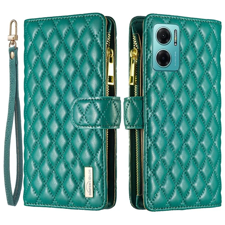 Binfen -farbe Für Xiaomi Redmi 10 5g / Redmi 10 Prime+ 5g / Redmi Note 11e 5G BF Style-15 Reißverschluss-taschen-design Geprägtes Rhombus-muster Cover Anti-fingerabdruck Matte PU Leder Schutzhülle Mit Stand Wallet - Grün