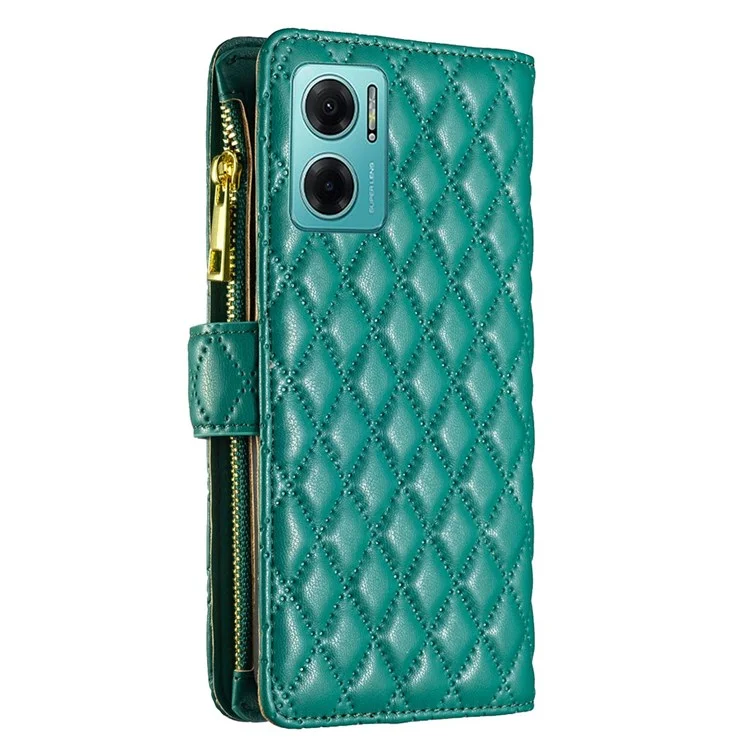 Binfen -farbe Für Xiaomi Redmi 10 5g / Redmi 10 Prime+ 5g / Redmi Note 11e 5G BF Style-15 Reißverschluss-taschen-design Geprägtes Rhombus-muster Cover Anti-fingerabdruck Matte PU Leder Schutzhülle Mit Stand Wallet - Grün