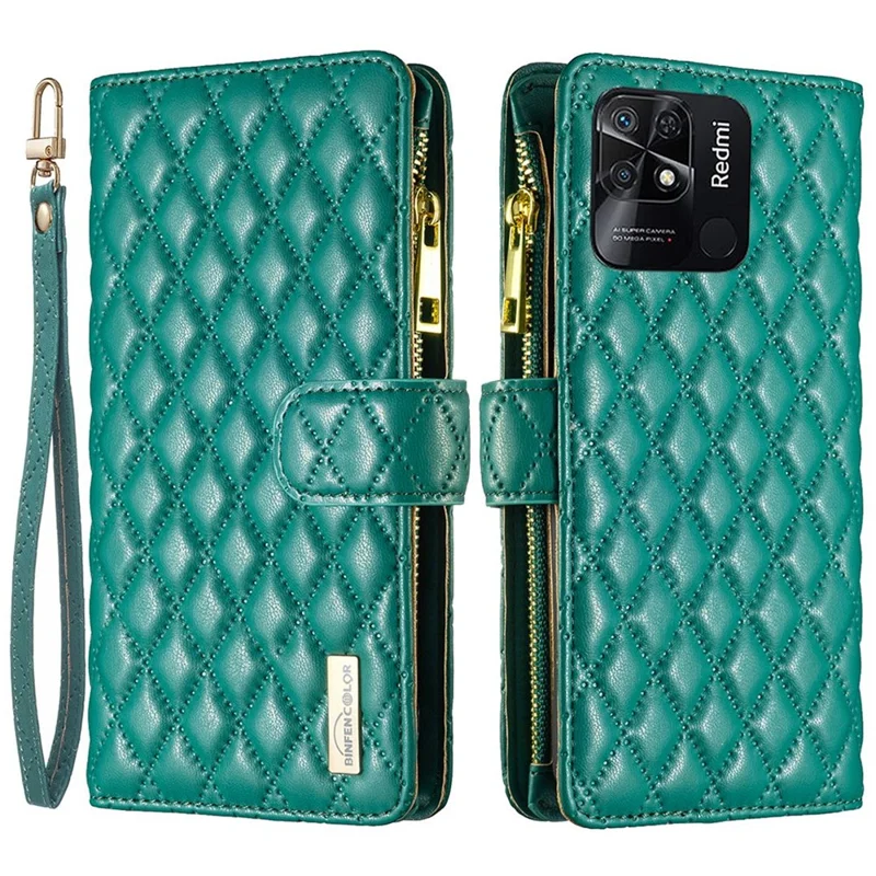 BINFEN COLOR BF Style-15 for Xiaomi Redmi 10C 4G Zipper Pocket Design Imprinted Rhombus Pattern Cover Matte Anti-wear PU Leather Full Protection Phone Case with Stand Wallet - Green